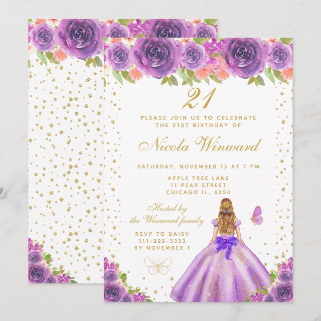 Purple Floral Blonde Hair Princess Birthday Party Invitation (Front/Back)
