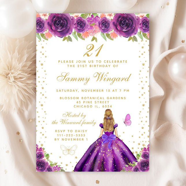 Purple Floral Blonde Hair Princess Birthday Party Invitation (Creator Uploaded)