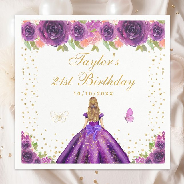 Purple Floral Blonde Hair Princess Birthday Party Napkin (Creator Uploaded)