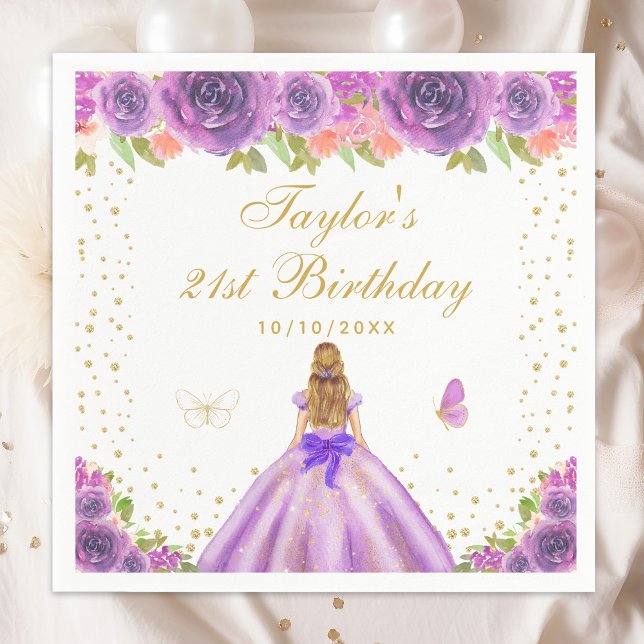Purple Floral Blonde Hair Princess Birthday Party Napkin (Creator Uploaded)