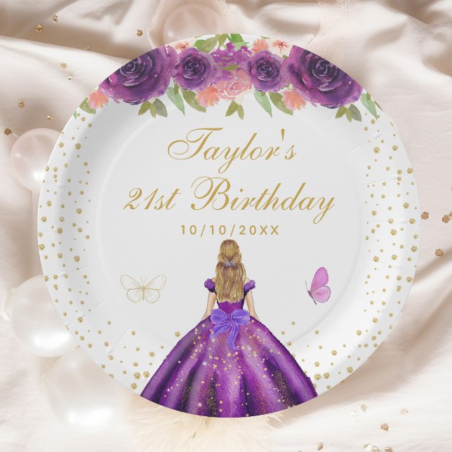 Purple Floral Blonde Hair Princess Birthday Party Paper Plate (Creator Uploaded)