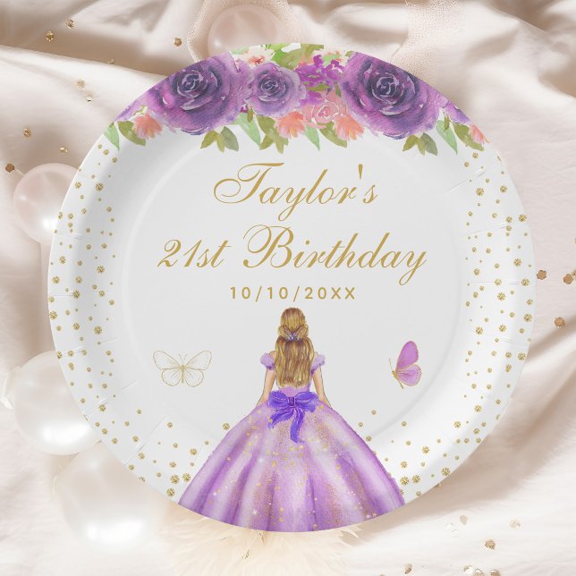 Purple Floral Blonde Hair Princess Birthday Party Paper Plate (Creator Uploaded)