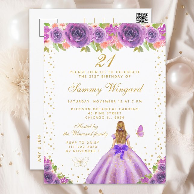 Purple Floral Blonde Hair Princess Birthday Party Postcard (Creator Uploaded)