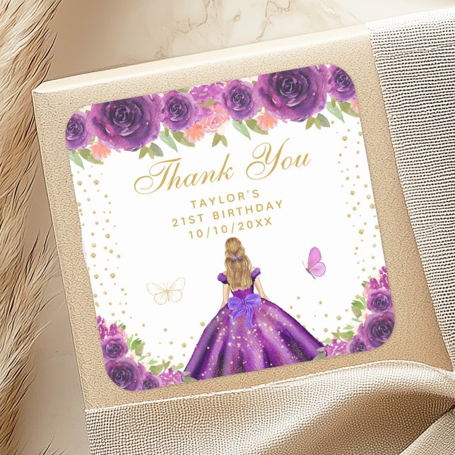 Purple Floral Blonde Hair Princess Birthday Party Square Sticker (Creator Uploaded)