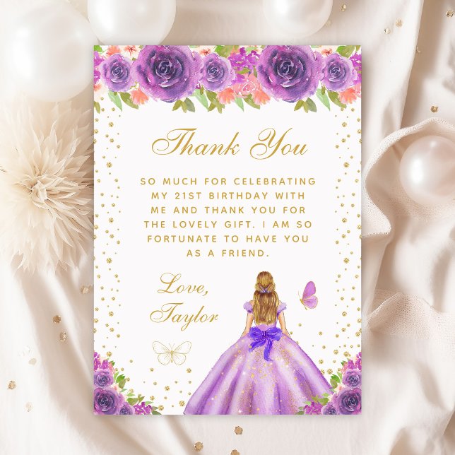 Purple Floral Blonde Hair Princess Birthday Party Thank You Card (Creator Uploaded)