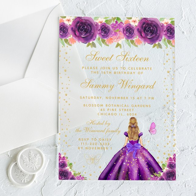 Purple Floral Blonde Hair Princess Sweet Sixteen Acrylic Invitations (Creator Uploaded)