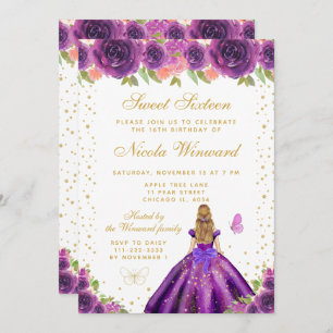 Purple Floral Blonde Hair Princess Sweet Sixteen Invitation
