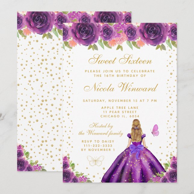 Purple Floral Blonde Hair Princess Sweet Sixteen Invitation (Front/Back)