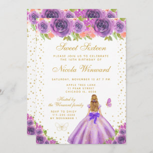 Purple Floral Blonde Hair Princess Sweet Sixteen Invitation