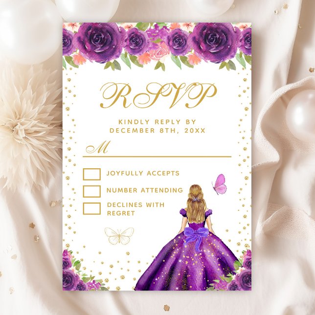 Purple Floral Blonde Hair Princess Sweet Sixteen RSVP Card (Creator Uploaded)