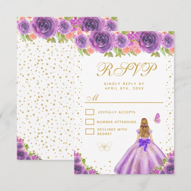 Purple Floral Blonde Hair Princess Sweet Sixteen RSVP Card (Front/Back)