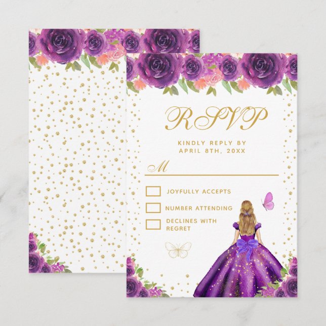 Purple Floral Blonde Hair Princess Sweet Sixteen RSVP Card (Front/Back)