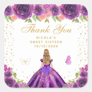 Purple Floral Blonde Hair Princess Sweet Sixteen Square Sticker