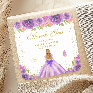 Purple Floral Blonde Hair Princess Sweet Sixteen Square Sticker