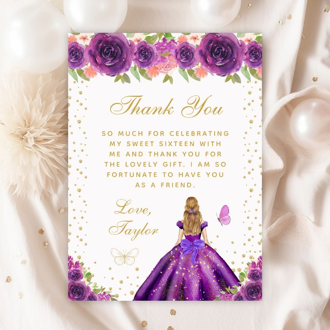 Purple Floral Blonde Hair Princess Sweet Sixteen Thank You Card (Creator Uploaded)