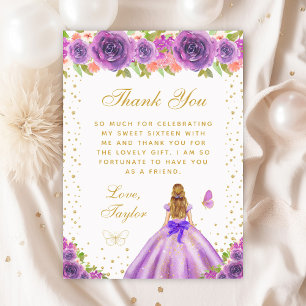 Purple Floral Blonde Hair Princess Sweet Sixteen Thank You Card