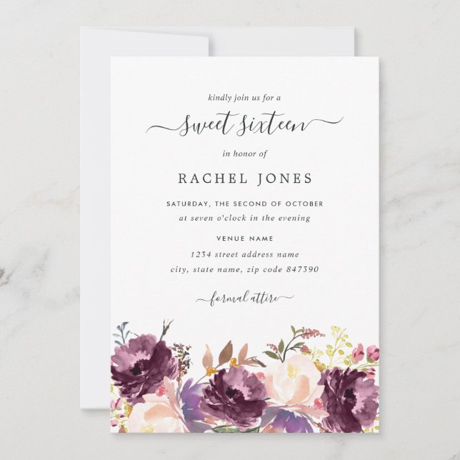 Purple Floral Bloom Sweet Sixteen Invitation (Front)