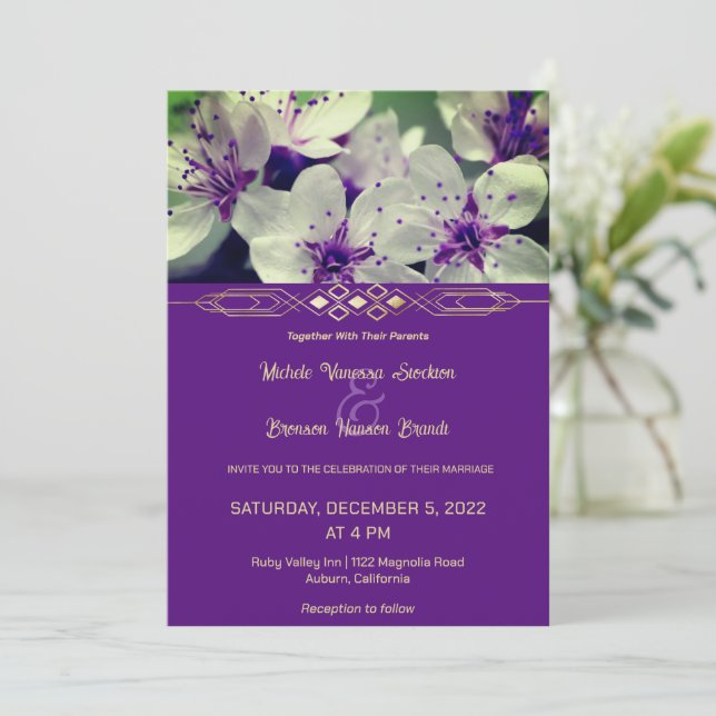 Purple Floral Blossom Wedding Invitation (Standing Front)
