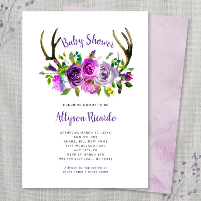 Purple Floral Boho Antlers Baby Shower Invitation (Creator Uploaded)