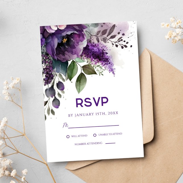 Purple Floral Botanical Elegant Modern Wedding RSVP Card (Purple Floral Botanical Elegant Modern Wedding RSVP Card)