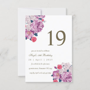 Purple Floral Botanical Simple Chic 19th Birthday Invitation