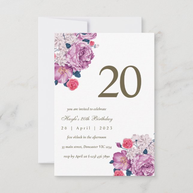 Purple Floral Botanical Simple Chic 20th Birthday Invitation (Front)
