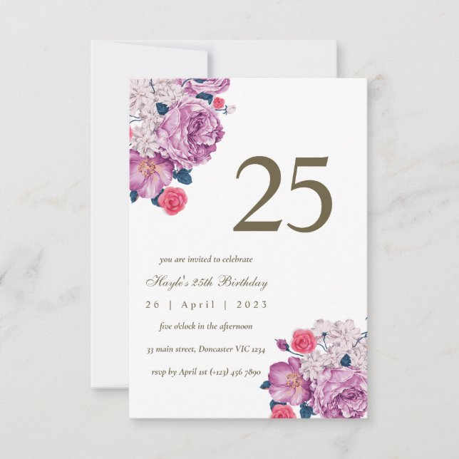 Purple Floral Botanical Simple Chic 25th Birthday Invitation (Front)