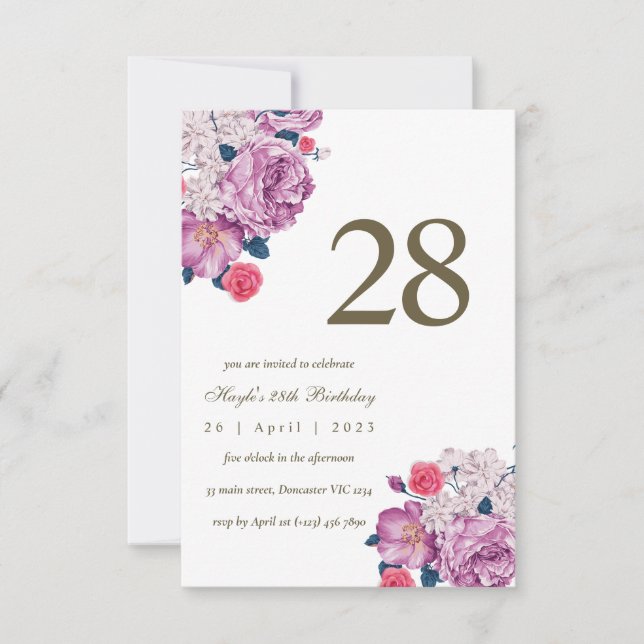 Purple Floral Botanical Simple Chic 28th Birthday Invitation (Front)