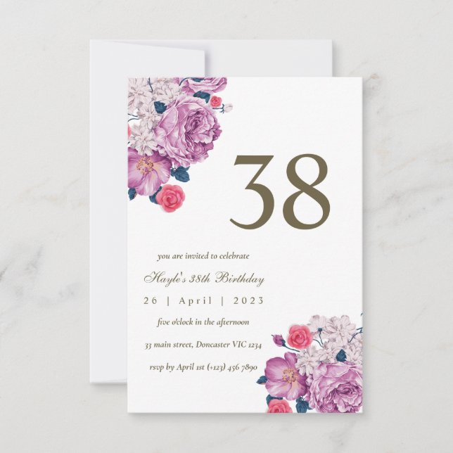 Purple Floral Botanical Simple Chic 38th Birthday Invitation (Front)
