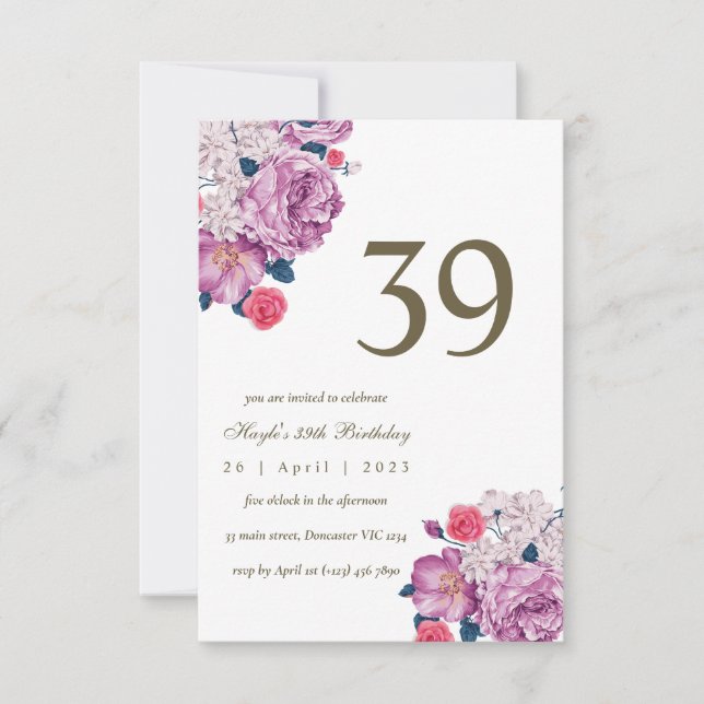 Purple Floral Botanical Simple Chic 39th Birthday Invitation (Front)