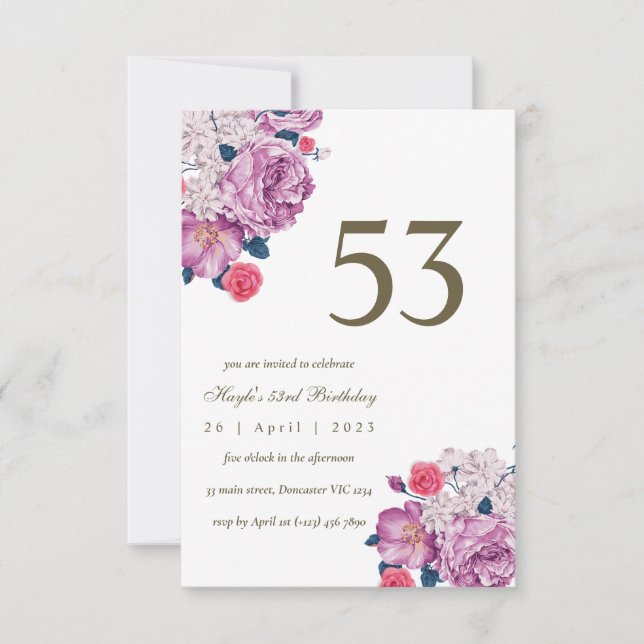 Purple Floral Botanical Simple Chic 53rd Birthday Invitation (Front)