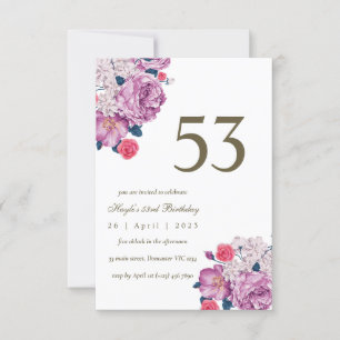 Purple Floral Botanical Simple Chic 53rd Birthday Invitation