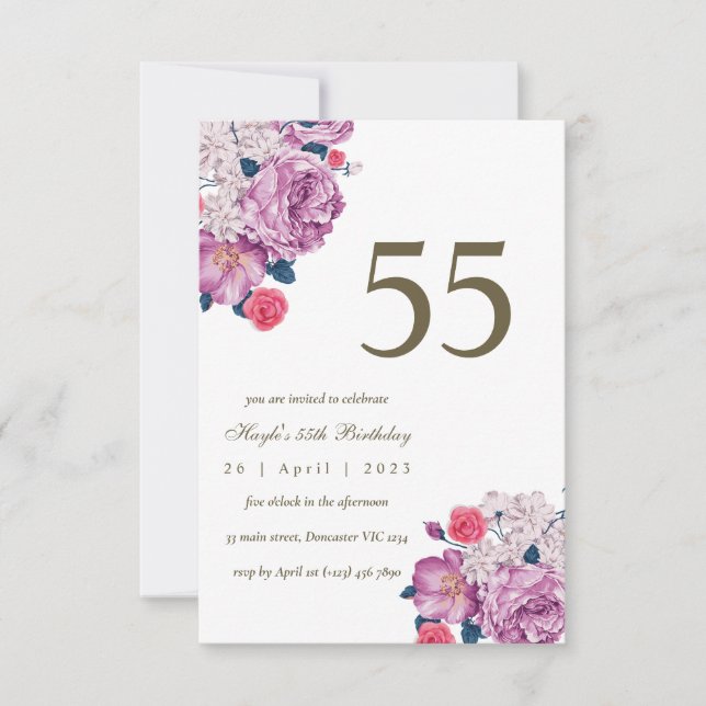 Purple Floral Botanical Simple Chic 55th Birthday Invitation (Front)