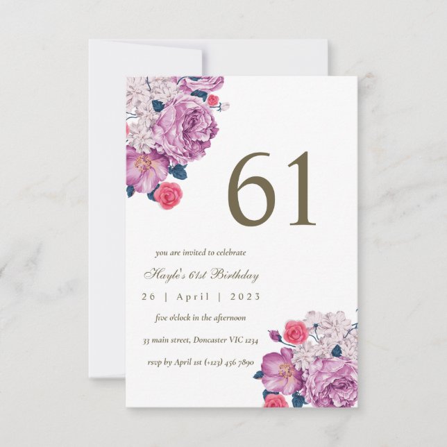 Purple Floral Botanical Simple Chic 61st Birthday Invitation (Front)