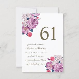 Purple Floral Botanical Simple Chic 61st Birthday Invitation