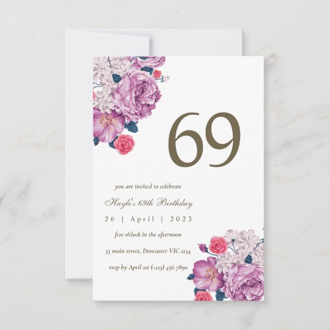 Purple Floral Botanical Simple Chic 69th Birthday Invitation (Front)