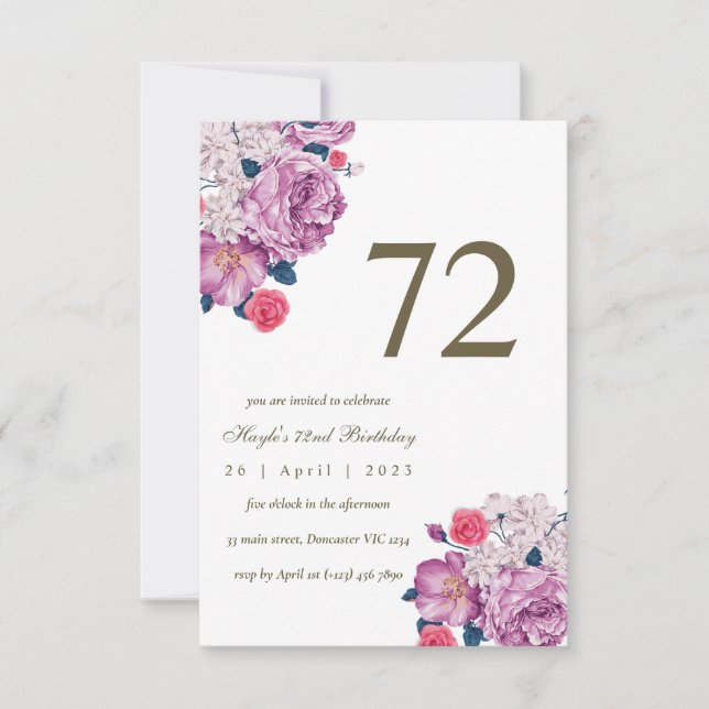 Purple Floral Botanical Simple Chic 72nd Birthday Invitation (Front)