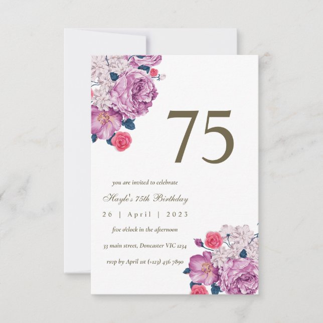 Purple Floral Botanical Simple Chic 75th Birthday Invitation (Front)