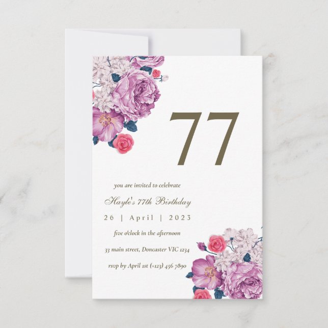 Purple Floral Botanical Simple Chic 77th Birthday Invitation (Front)