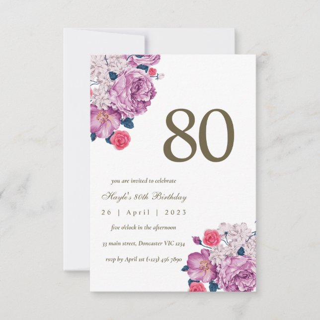 Purple Floral Botanical Simple Chic 80th Birthday Invitation (Front)