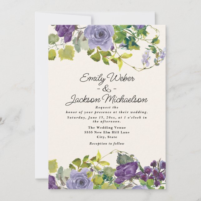 Purple Floral Botanical Wedding Invitation (Front)
