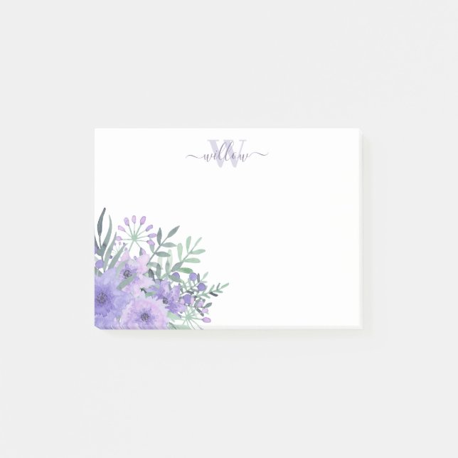 Purple Floral Bouquet Monogram Post-It Notes (Front)