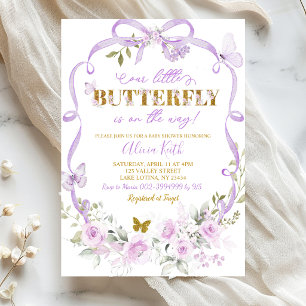 Purple Floral Bow Coquette Butterfly Baby Shower Invitation