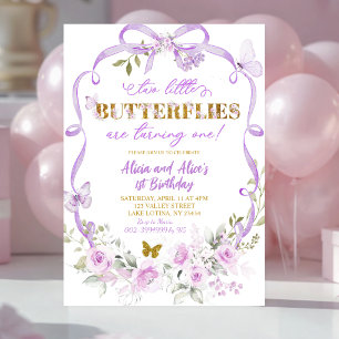 Purple Floral Bow Coquette Butterfly Twin Birthday Invitation