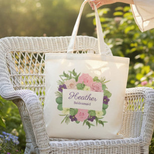 Purple Floral Bridal Party Tote Bag