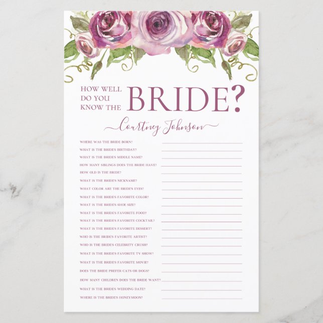 Purple Floral Bridal Shower Game (Front)