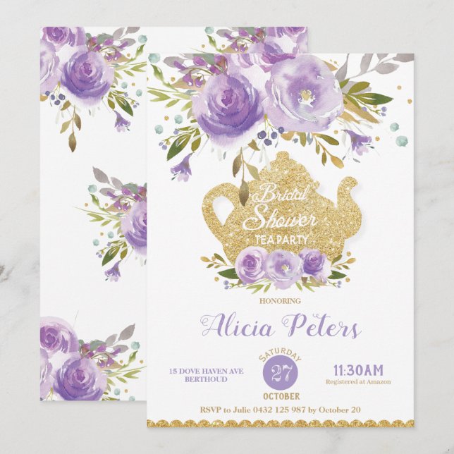 Purple Floral Bridal Shower High Tea Garden Party Invitation (Front/Back)