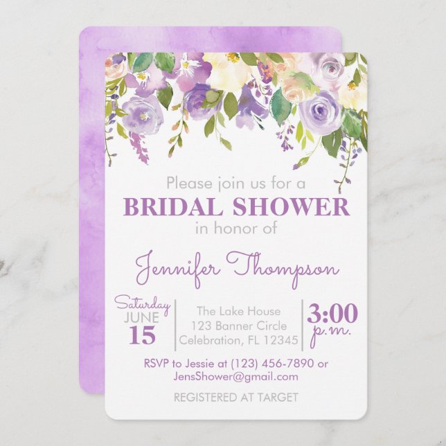 Purple Floral Bridal Shower Invitation (Front/Back)