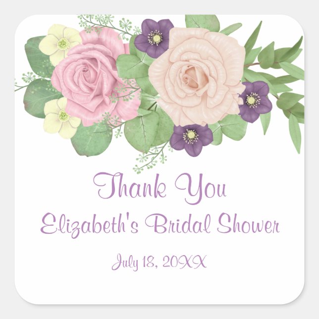 Purple Floral Bridal Shower Square Sticker (Front)