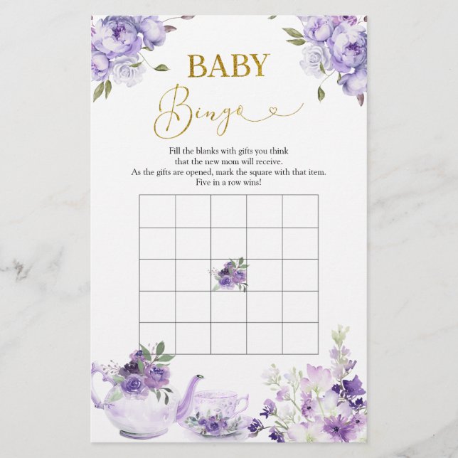 Purple Floral Bridal Shower Tea Baby Bingo Game (Front)